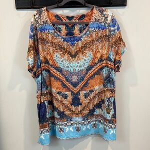 Soft Surroundings Boho Print Scallop Neck and Hem Top Size 2X